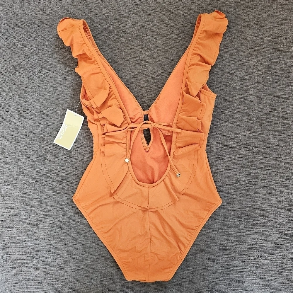 Michael Kors Women's Orange v neck Ruffle One Piece Swimsuit Size 8